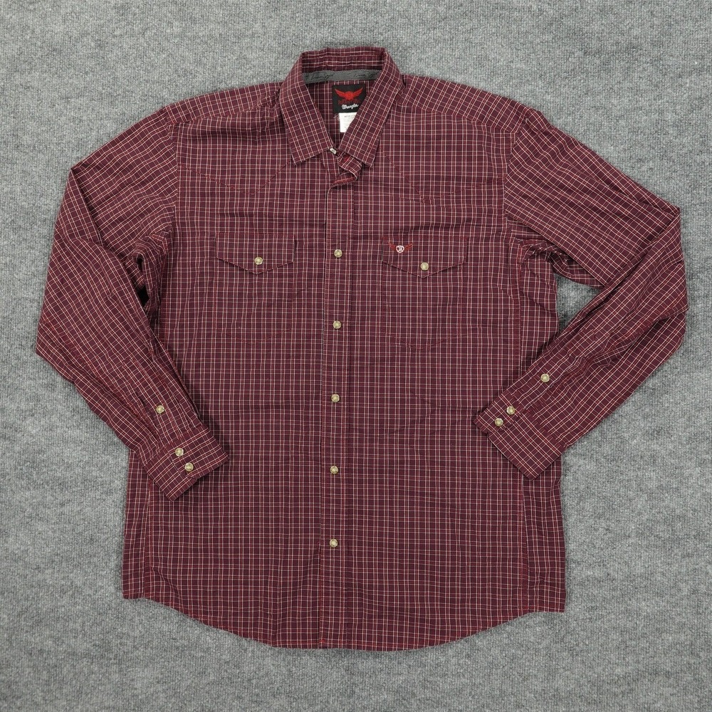 Wrangler Shirt Men Large Burgundy Plaid Button Relentless Trevor Brazile Western